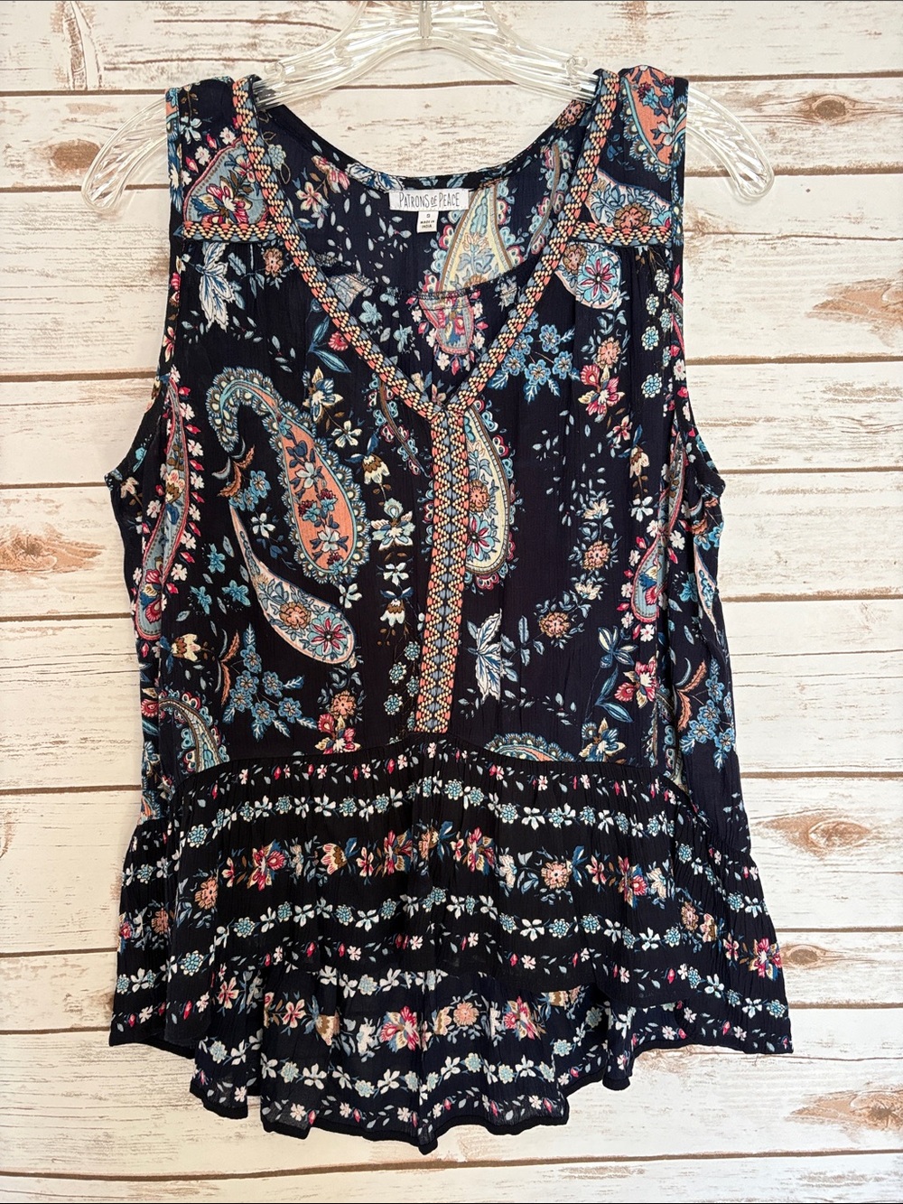 Patrons of Peace Navy Blue Paisley & Floral V-Neck Sleeveless Boho Peplum Top